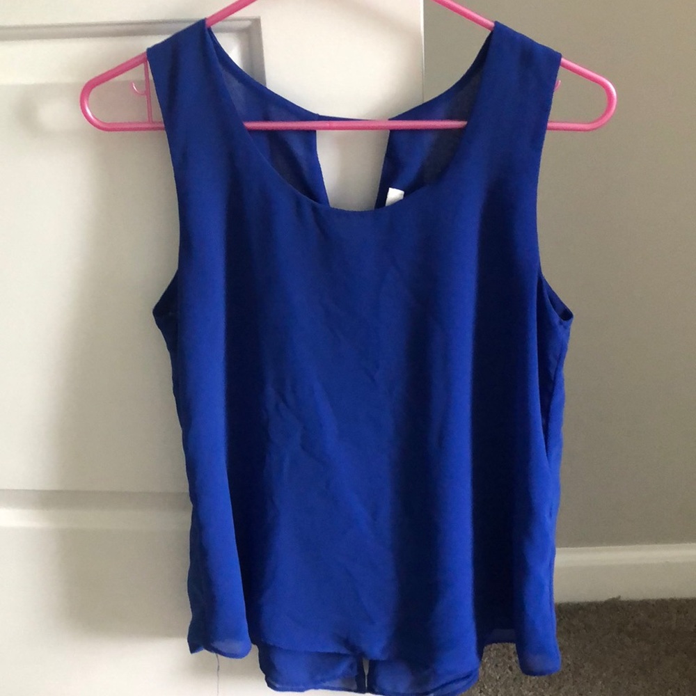 Blue tank with gold buttoned semi open back